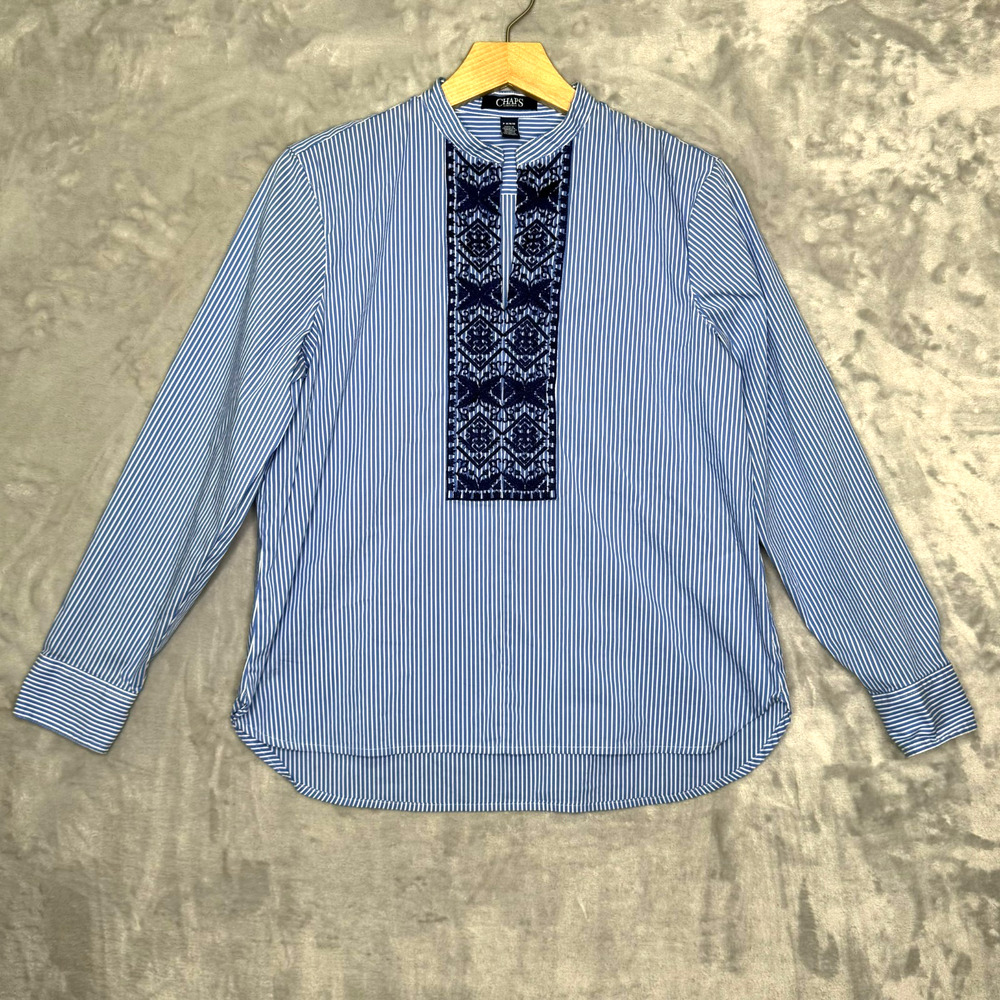 Chaps Petite Top Womens MP Medium Petite Striped Embroidered Popover Stretch
